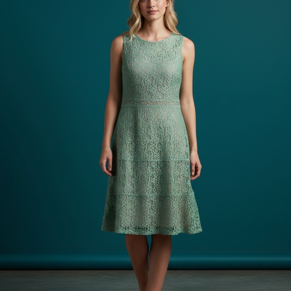 Anne‎ Klein Floral Lace Overlay Coquette Fairy Fit Flare Dress 10 Lined Bridal